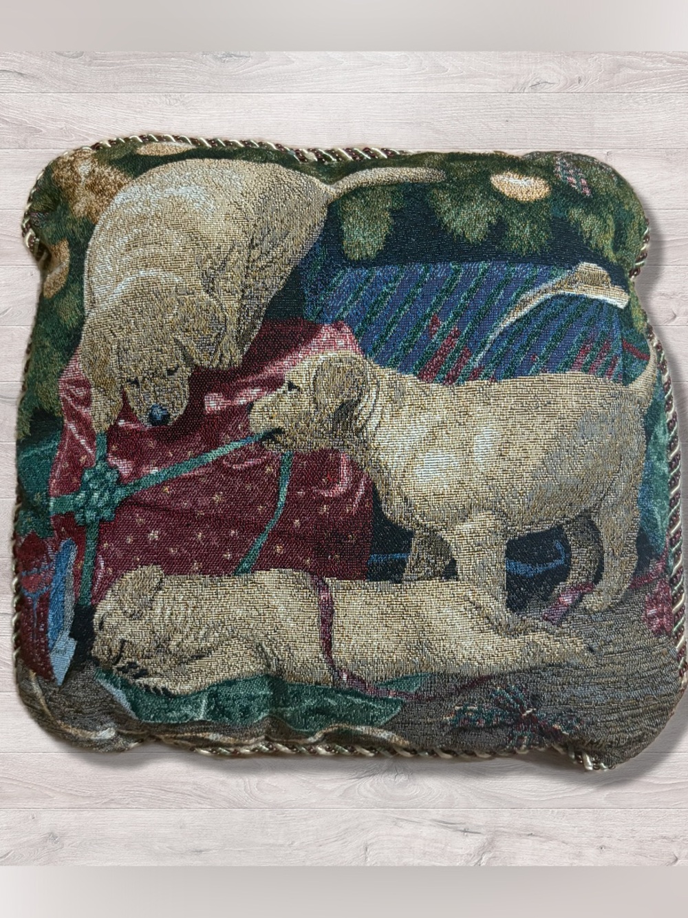 VINTAGE LAB PUPPIES DOG CHRISTMAS TAPESTRY PILLOW BY MIA LANE. PRESENTS 14"